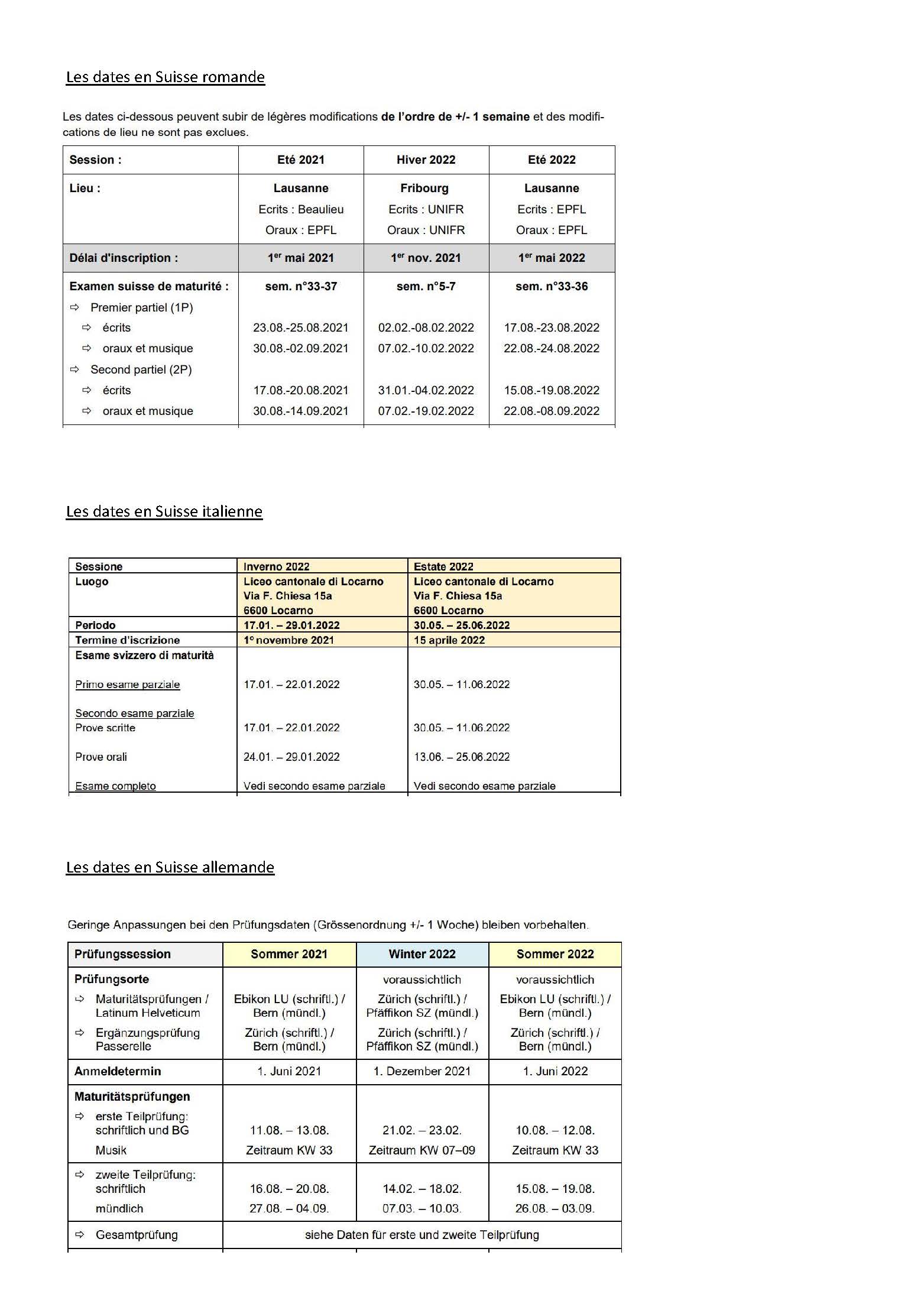 Les dates de la maturité suisse